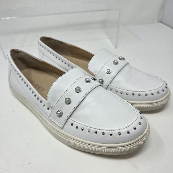 J/Slides Tennisshoes Women's 8.5 White Leather CeCe Studded Pearl Slip-On Medium - Picture 4 of 8